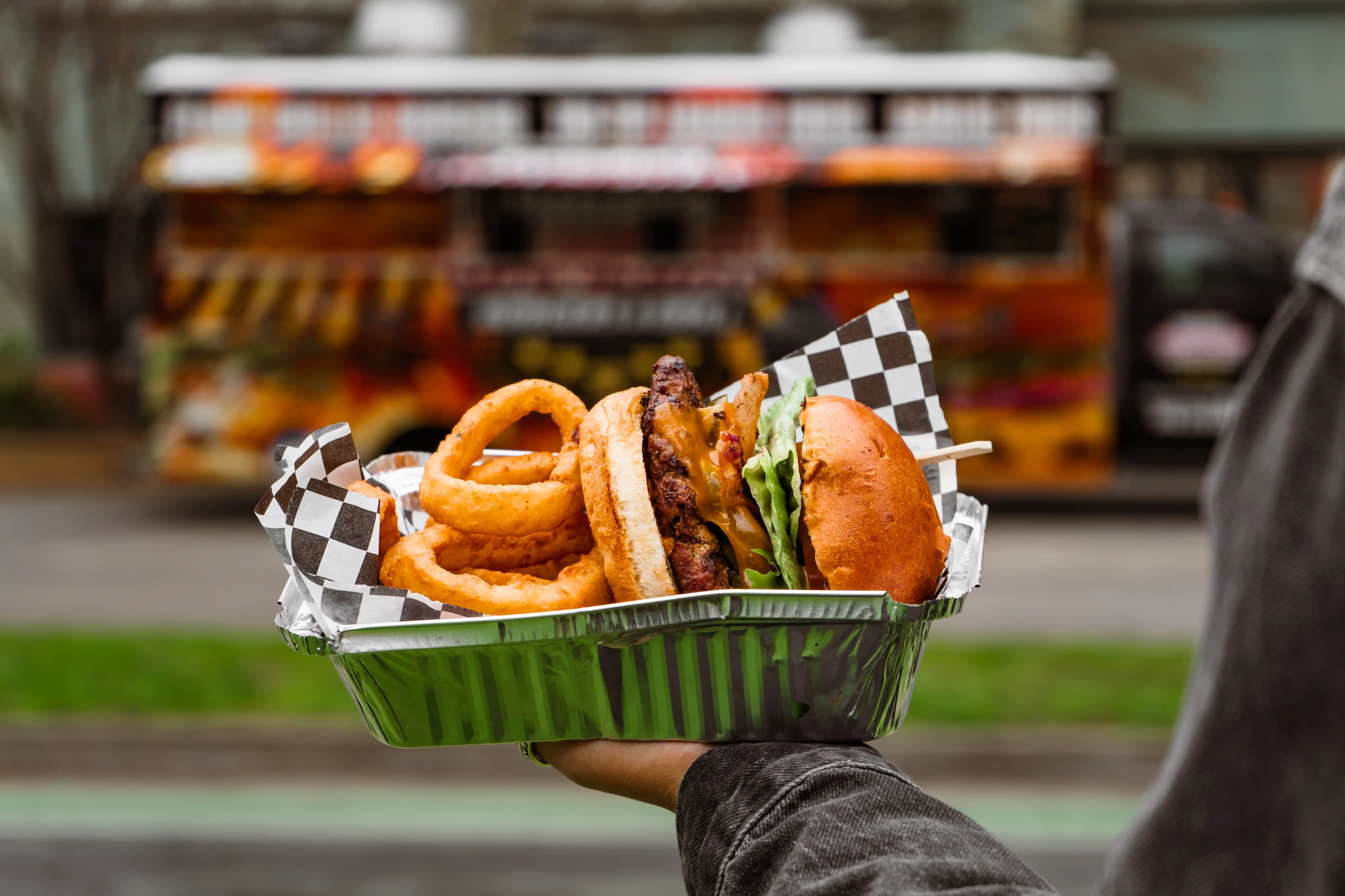 burger and onion rings